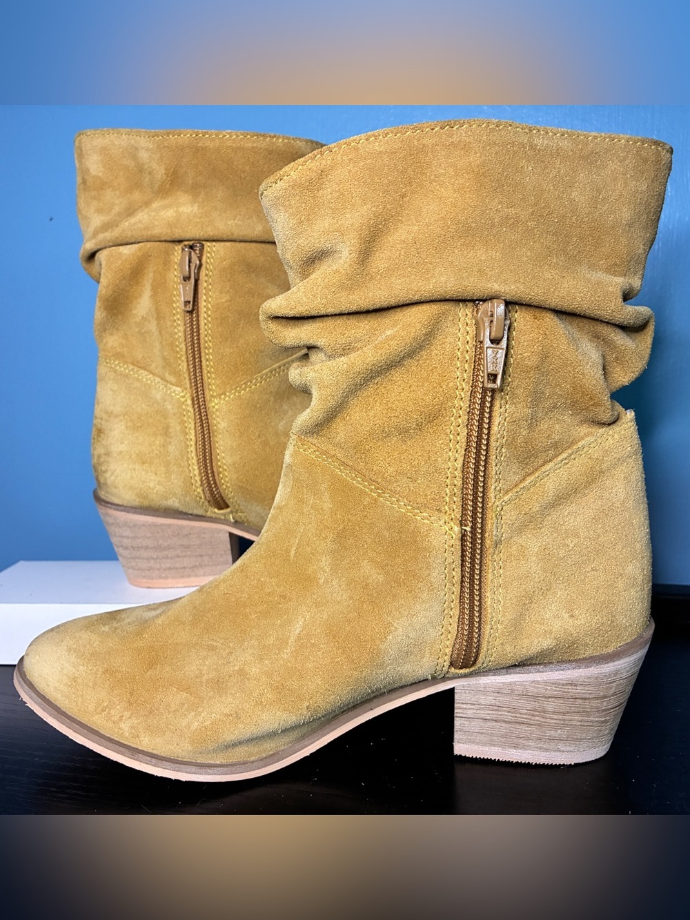 Mustard Suede Slouch Ankle Boots - Women